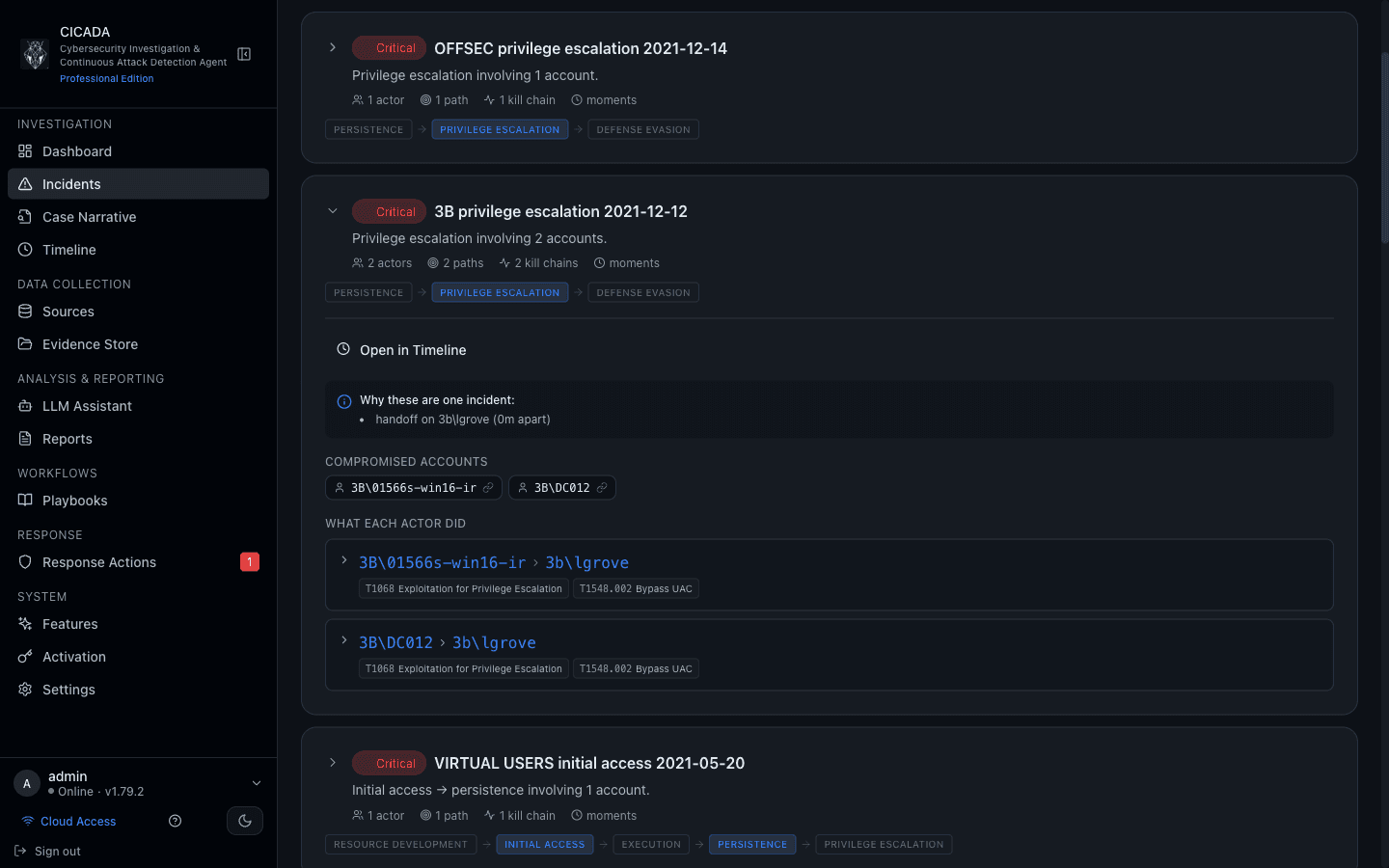 CICADA IR Incidents page showing critical privilege-escalation incidents with kill chains and compromised accounts